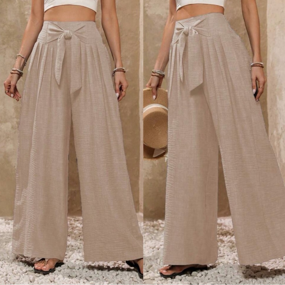 Solid Wide Leg High Waisted Smocked Tie Pants - Picture 1 of 7